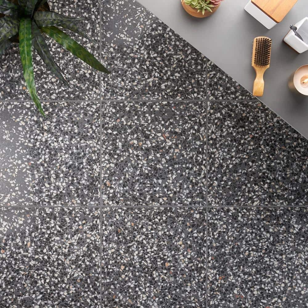 Raleigh 16.14" Polished Black and White Terrazzo Floor and Wall Tile