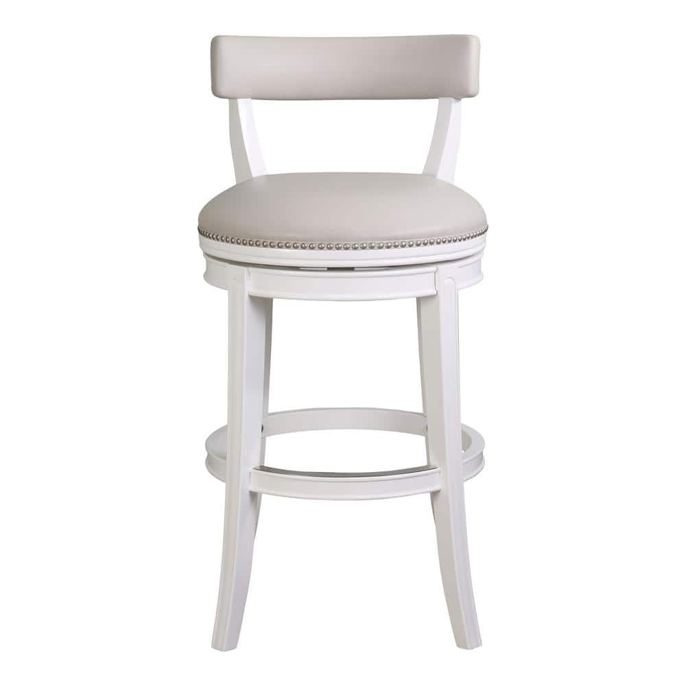 Pasha 31in. Bar-Height Bar Stool, White Wood with Gray Faux Leather Seat an