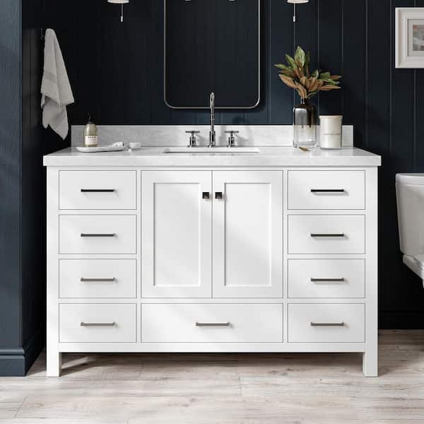 ARIEL Cambridge 55 in. W x 22 in. D x 36 in. H Bath Vanity in White with Carrara White Marble Top