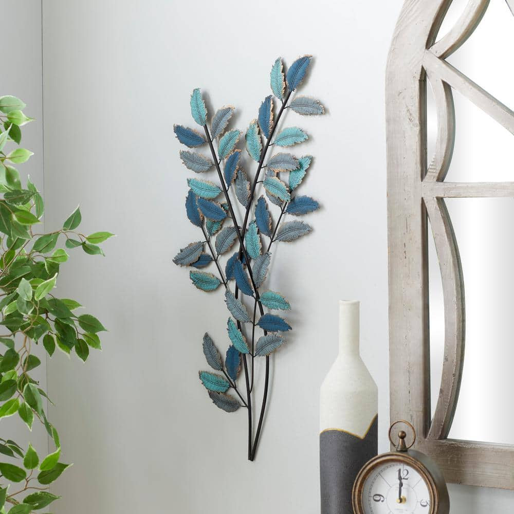 Litton Lane 15 in. x 32 in. Metal Blue Leaf Wall Decor with Gold ...