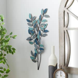 Metal Blue Leaf Wall Decor with Gold Accents