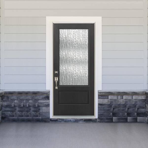 36 in. x 80 in. Left-Hand Inswing 3-Lite Low-E Glass Finished Black Fiberglass Prehung Front Door
