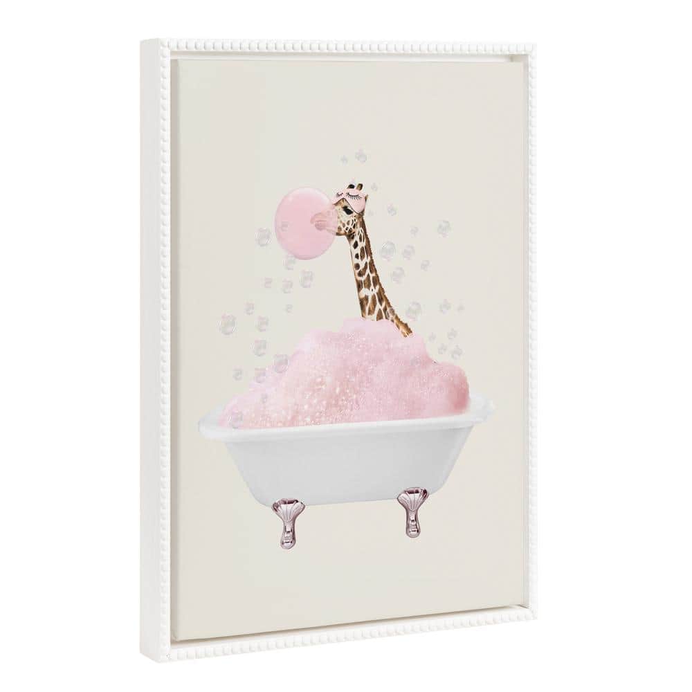 Whimsical Giraffe in Bathtub White Framed Canvas Art Print