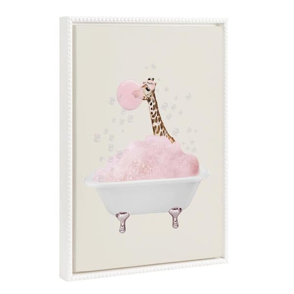 Kate and Laurel Giraffe Zoo Animal Bathtub Framed Canvas Wall Art 1-Piece White Framed Canvas Art Print, 18 in. x 24 in.