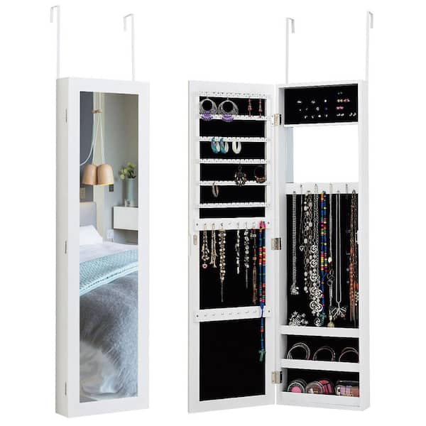 12.5 in. x 3.5 in. x 53 in. White Wood Wall Mounted Door Mirrored Jewelry Cabinet Standing Vanity Storage Box