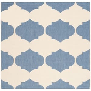 Courtyard Beige/Blue 5 ft. x 5 ft. Square Geometric Indoor/Outdoor Patio  Area Rug