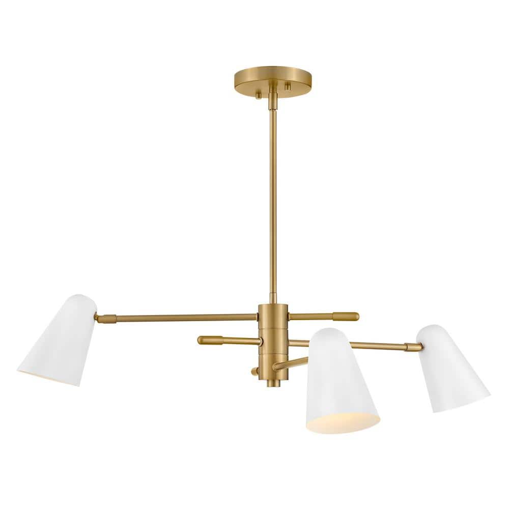 Lacquered Brass and White 30" 3-Light Chandelier