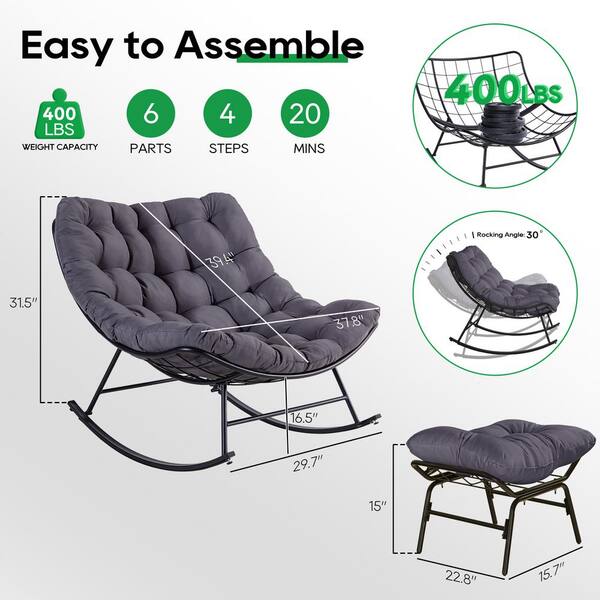 Kromax Large Rattan Papasan Rocking Chair - Extra Wide Wicker Rocker With Padded Cushion For Indoor/Outdoor