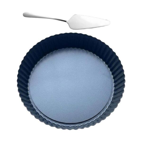 Deep Tart Pan 9.5 in. Round Carbon Steel Non-Stick Removable Bottom with Pie Cake Server for Tart Quiche Baking