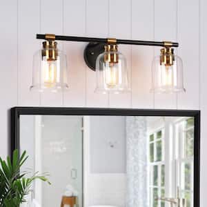 Classic Black Bathroom Vanity Light Modern 20.5 in. 3-Light Wall Sconce with Brass Finish Bell Clear Glass Shades