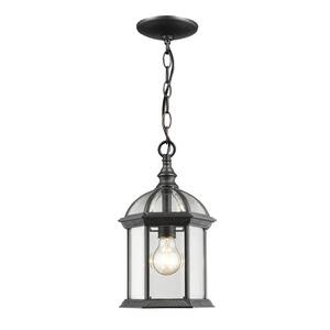 1-Light Black Outdoor Pendant Light with Clear Beveled Glass Shade