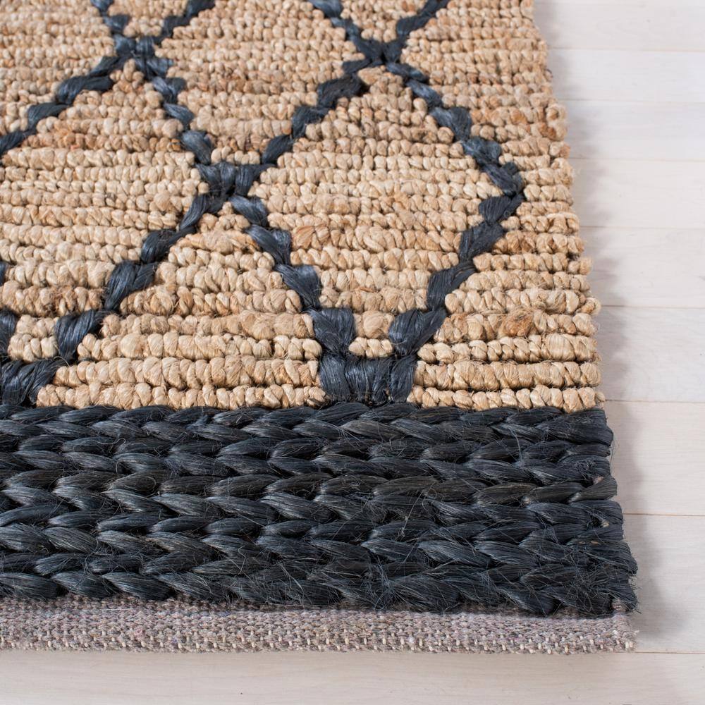 Natural and Black Hand-Knotted Jute Geometric Runner Rug