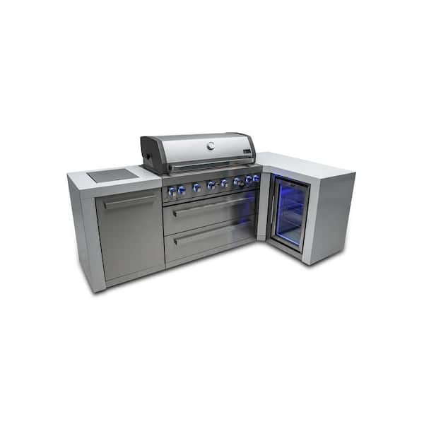 Deluxe Series 6 Burner 90 Corner Outdoor Kitchen Propane Natural Gas Grill Island + Refrigerator in Stainless Steel