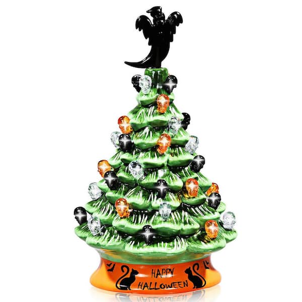 Gymax 11.5 in. Pre-Lit Hand-Painted Ceramic Halloween Tree Tabletop Xmas Decor
