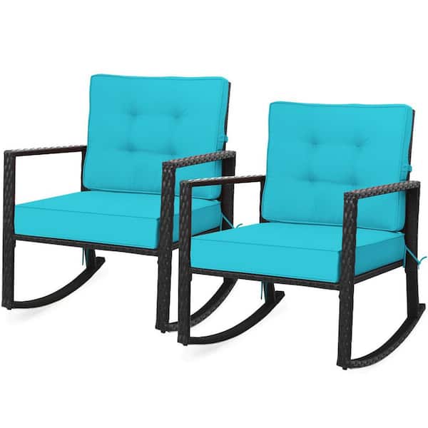 Gymax Wicker Outdoor Rocking Chair Patio Rattan Single Chair Glider with Turquoise Cushion (2-Pieces)