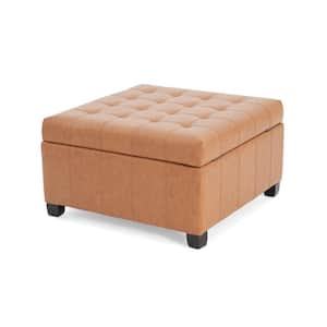 Verto Modern Upholstered PU Leather Storage Ottoman with Tufting, Light Brown