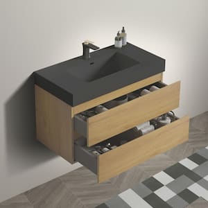 36 in. Single Sink Wall Mounted Natural Oak Bath Vanity with Black Solid Surface Top Unassembled