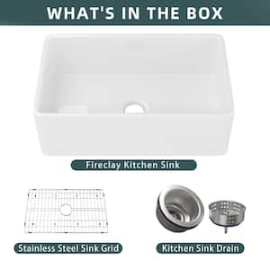 33 in. White Fireclay Single Bowl Farmhouse Apron Kitchen Sink With Bottom Grid and Drain