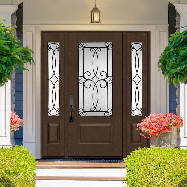 Steves & Sons Regency 64 in. x 80 in. Georgian Decorative Glass LHOS 3/4Lite Hickory Mahogany Fiberglass Prehung Front Door w/12in.SLs Steves & Sons Regency 64 in. x 80 in. Georgian Decorative Glass LHOS 3/4Lite Hickory Mahogany Fiberglass Prehung Front Door w/12in.SLs