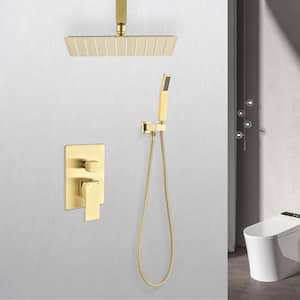 2-Spray Patterns 2.5 GPM 12 in. Ceiling Mount Dual Shower Heads in Brushed Gold (Valve Included)