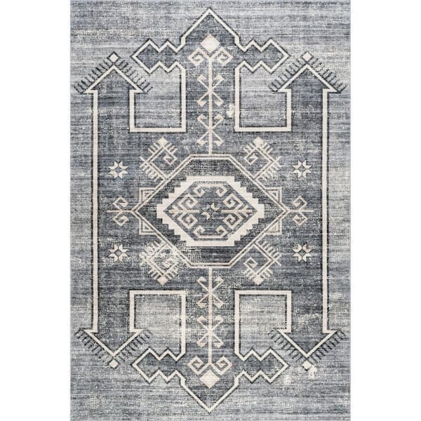 Sagebrush Geometric Machine Washable Gray 10 ft. x 14 ft. Indoor/Outdoor Patio Rug