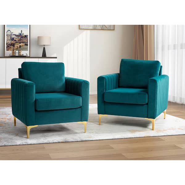 JAYDEN CREATION Ennomus Teal Velvet Cushion Back Club Chair Arm Chair with Golden Metal Legs and Track Arms (Set of 2)