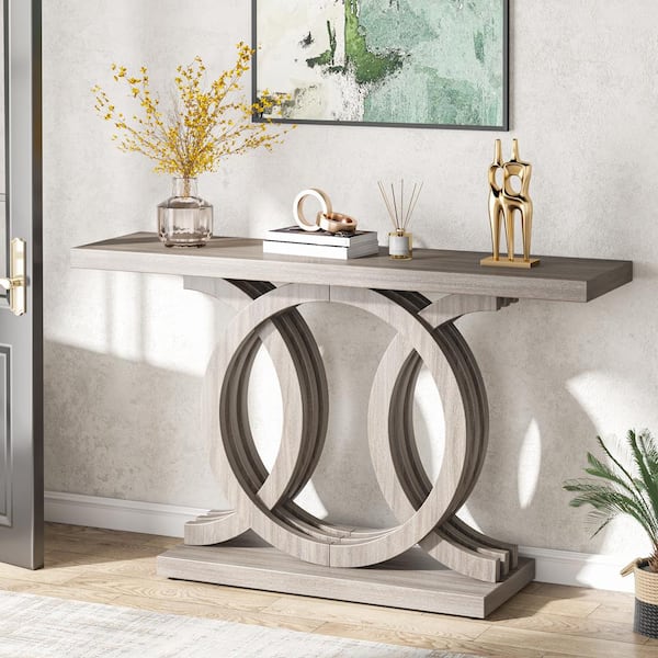 Catalin 55 in. Gray Rectangular Wood Console Table with Geometric Base