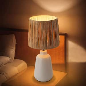 18. 5in. 1-Light Farmhouse White Ceramic Table Lamp with Paper Rope Shade for Bedroom, Living Room, Nightstand