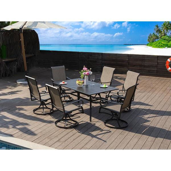 Black 7-Piece Metal Rectangle Patio Outdoor Dining Set with Slat Table and  Textilene Swivel Chairs