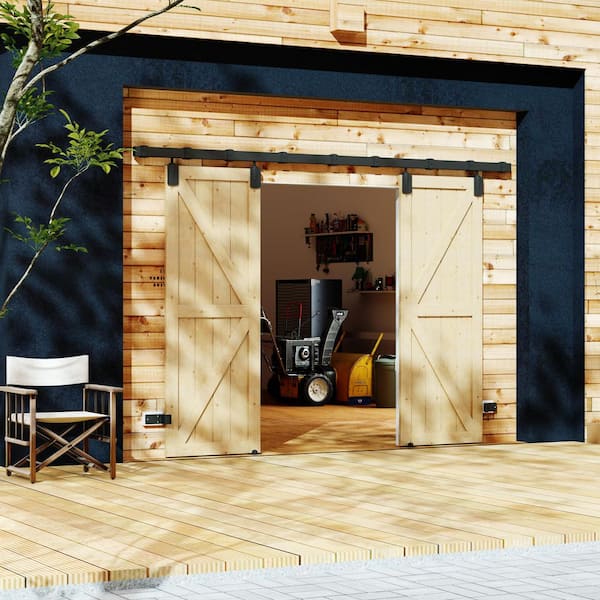 72 in. x 80 in. K-Shaped, Solid Pine Wood, Light Brown Primed Exterior Sliding Barn Door with Hardware Kit