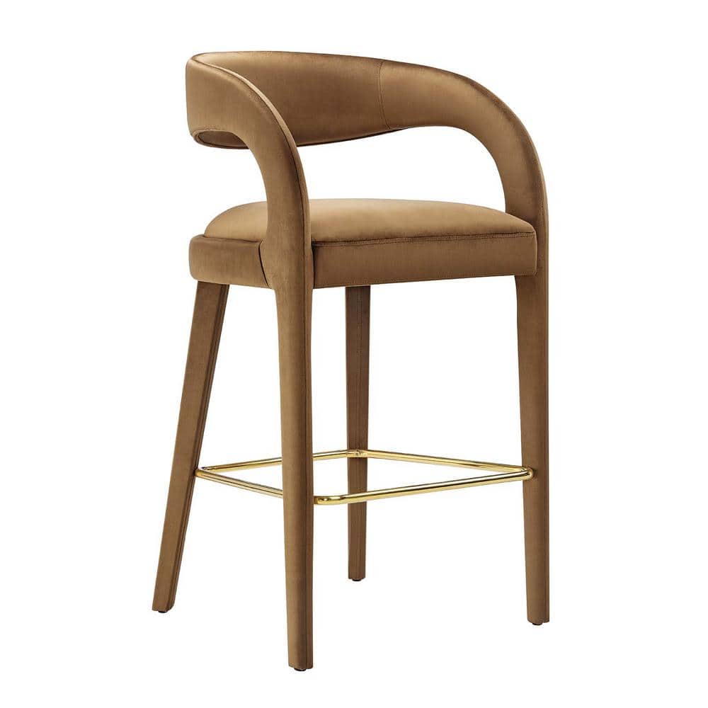 Pinnacle Brown Gold Velvet Bar Stools with Curved Backrest, Set of 2