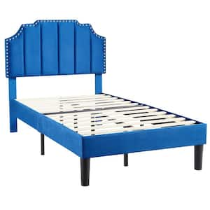 Upholstered Bed Blue Metal plus Wood Frame Twin Platform Bed with Tufted Adjustable Headboard/Mattress Foundation