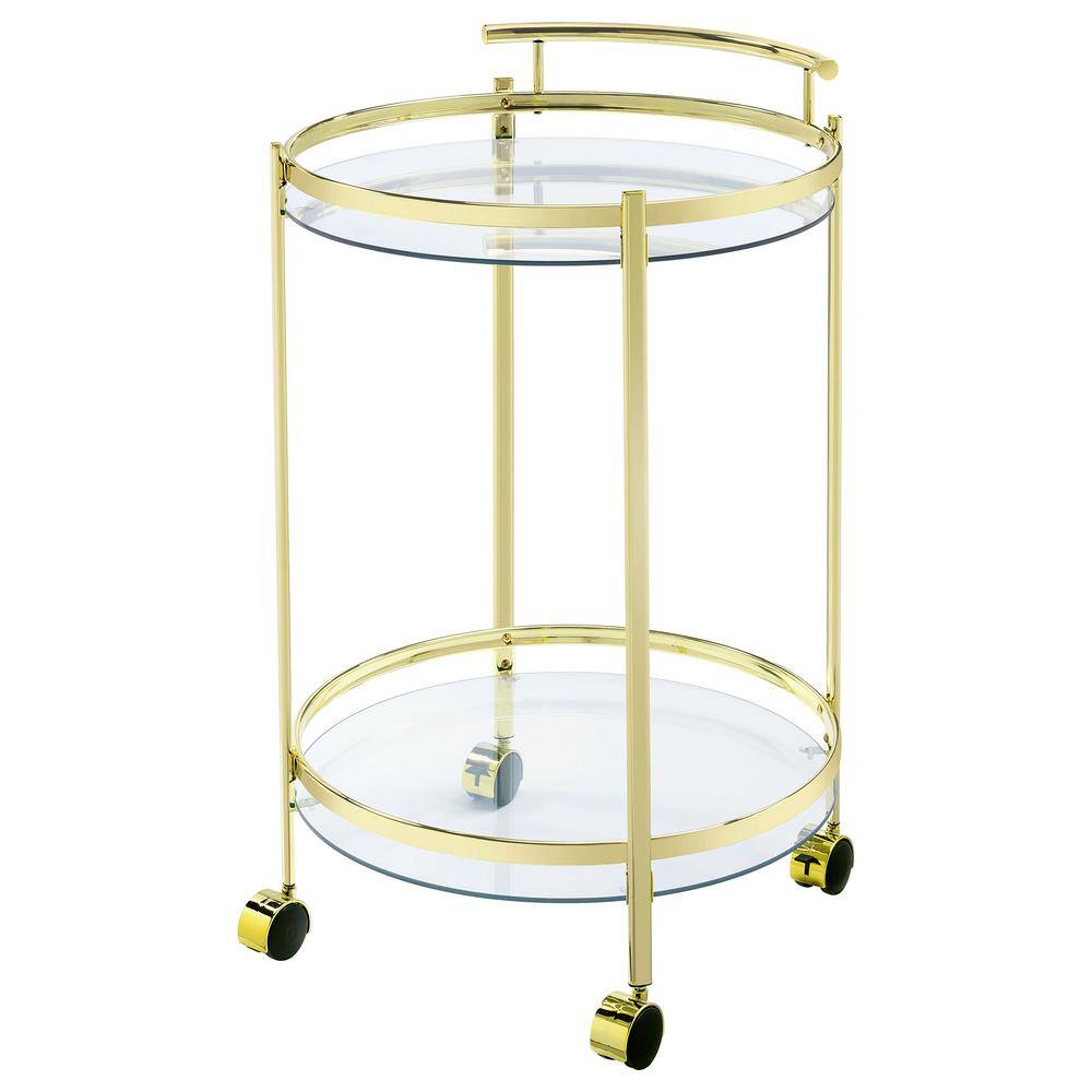 Luxe Modern 31" Gold Metal and Glass Round Bar Cart with Lockable Casters