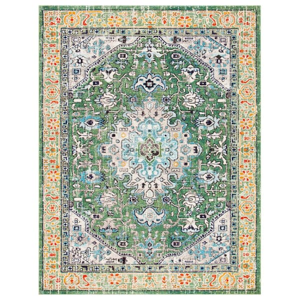 SAFAVIEH Madison Green/Turquoise 10 ft. x 14 ft. Border Geometric Floral Medallion Area Rug