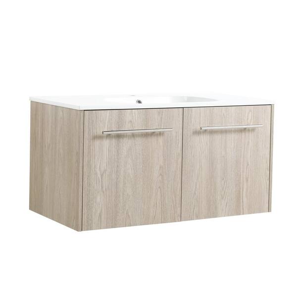 Unbranded 35.6 in. W x 18.1 in. D x 18.3 in. H Single Sink Wall Mounted Bath Vanity in White Oak with White Acrylic Sink Top