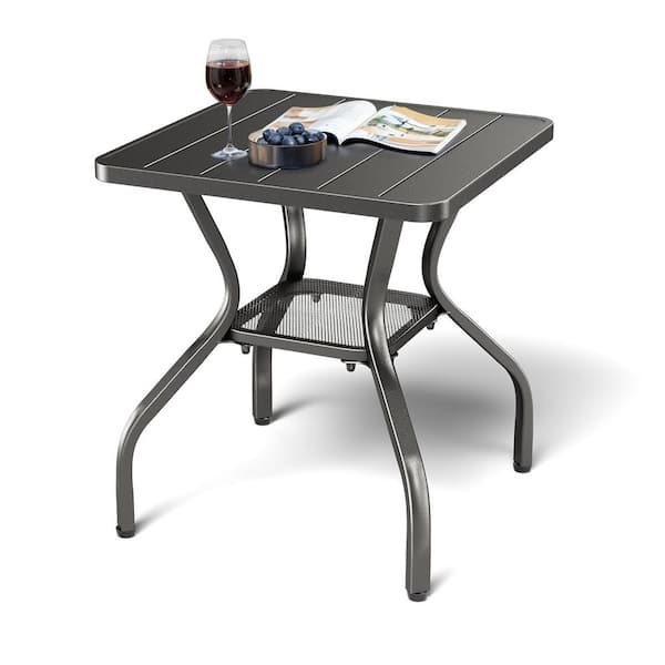 Black Square Metal Outdoor Side Table with Lower Storage Space and Classic Design