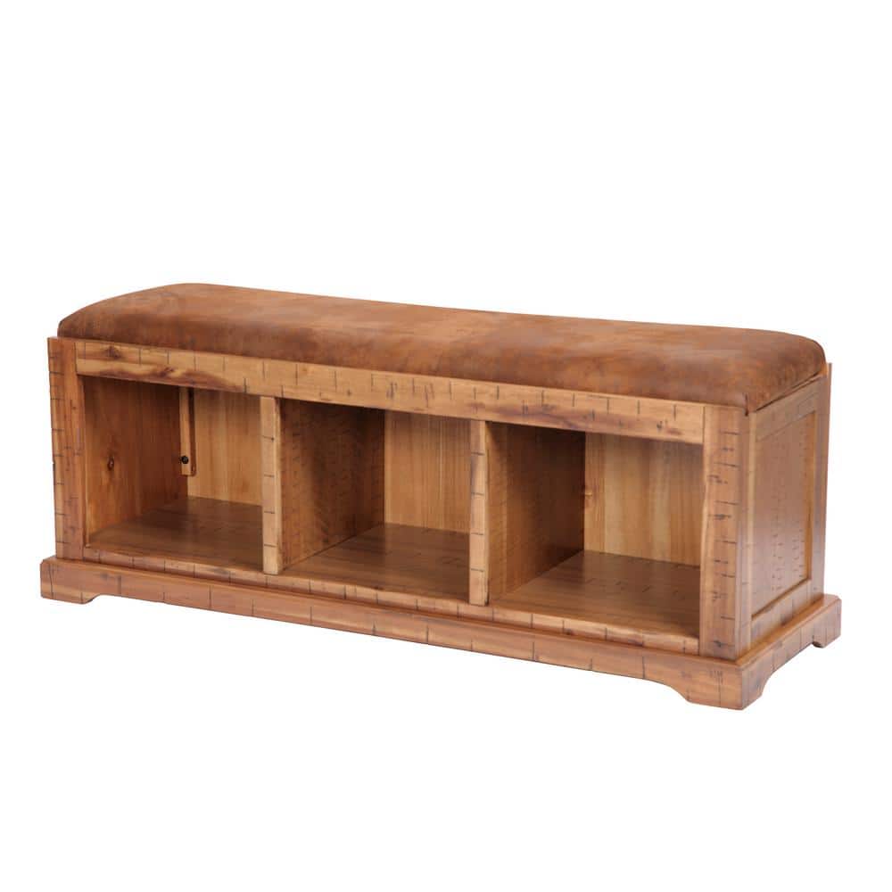 Distressed Toffee Brown Acacia Hall Bench with Storage and Microfiber Seat