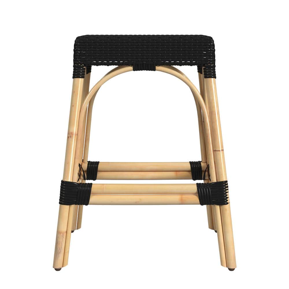 Black and Natural Rattan Backless Counter Stool with Wooden Footrest