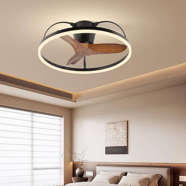 24 in. Low Profile Black Solid Wood Blade Semi-Flush LED Mount Ceiling Fan with Remote Control
