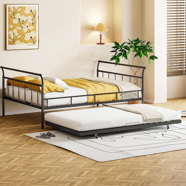 Harper & Bright Designs Black Metal Full Size Daybed with Twin Size Trundle, Curved Handle Design