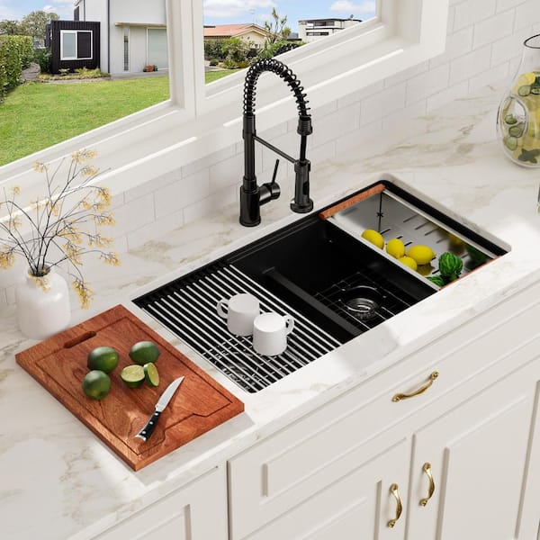 33 in. Matte Black Undermount Sink Low Divide Double Bowl 50/50 Quartz/Granite Composite Workstation Kitchen Sink