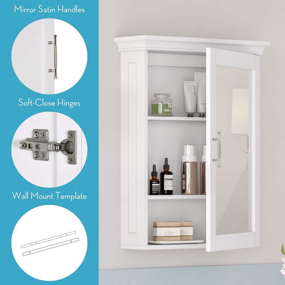 White Painted Mirrored Wall Mount Storage Cabinet with Adjustable Shelf