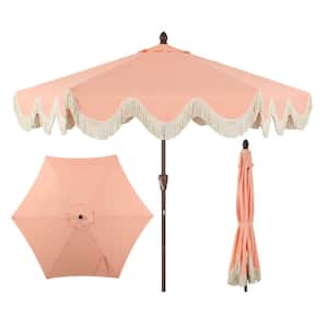 Collins 9 ft. Tassel Market Patio Umbrella with Auto-Tilt, Crank, Wind Vent and UV Protection in Coral Pink/Cream