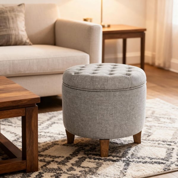 Tufted Gray Durable Polyester Round Storage Small (18 in. ) Ottoman