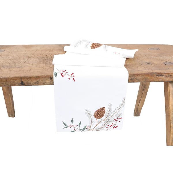 Manor Luxe 15 in. x 70 in. Pinecone And Berry Embroidered Christmas Table Runner, White