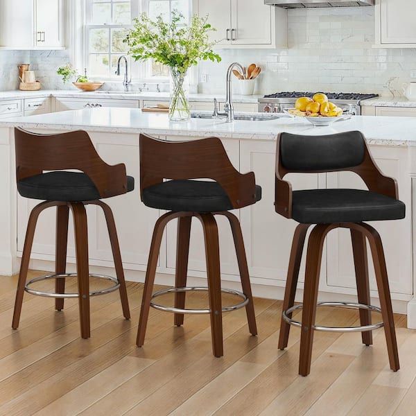 Kasper 26 in. Black Walnut Wood Frame Swivel Counter Height Bar Stool with Faux Leather Upholstery Set of 3