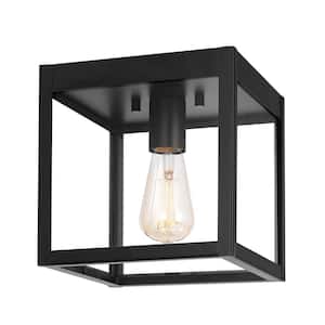 1-Light Matte Black Outdoor Weather Resistant Flush Mount Light with Clear Glass Shade