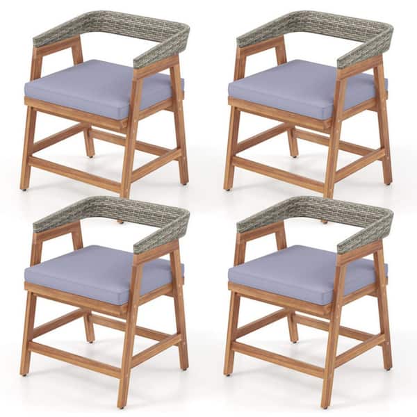 Patio Natural Brown Acacia Wood Outdoor Wicker Dining Chairs Set of 4 with Seat Cushion in Gray