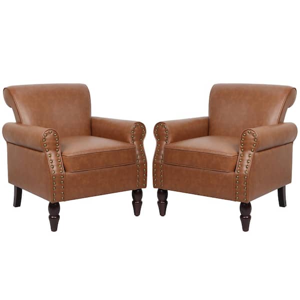Brown PU Leather Nailhead Trim Upholstered Accent Armchair With Solid Wood Legs(Set of 2)