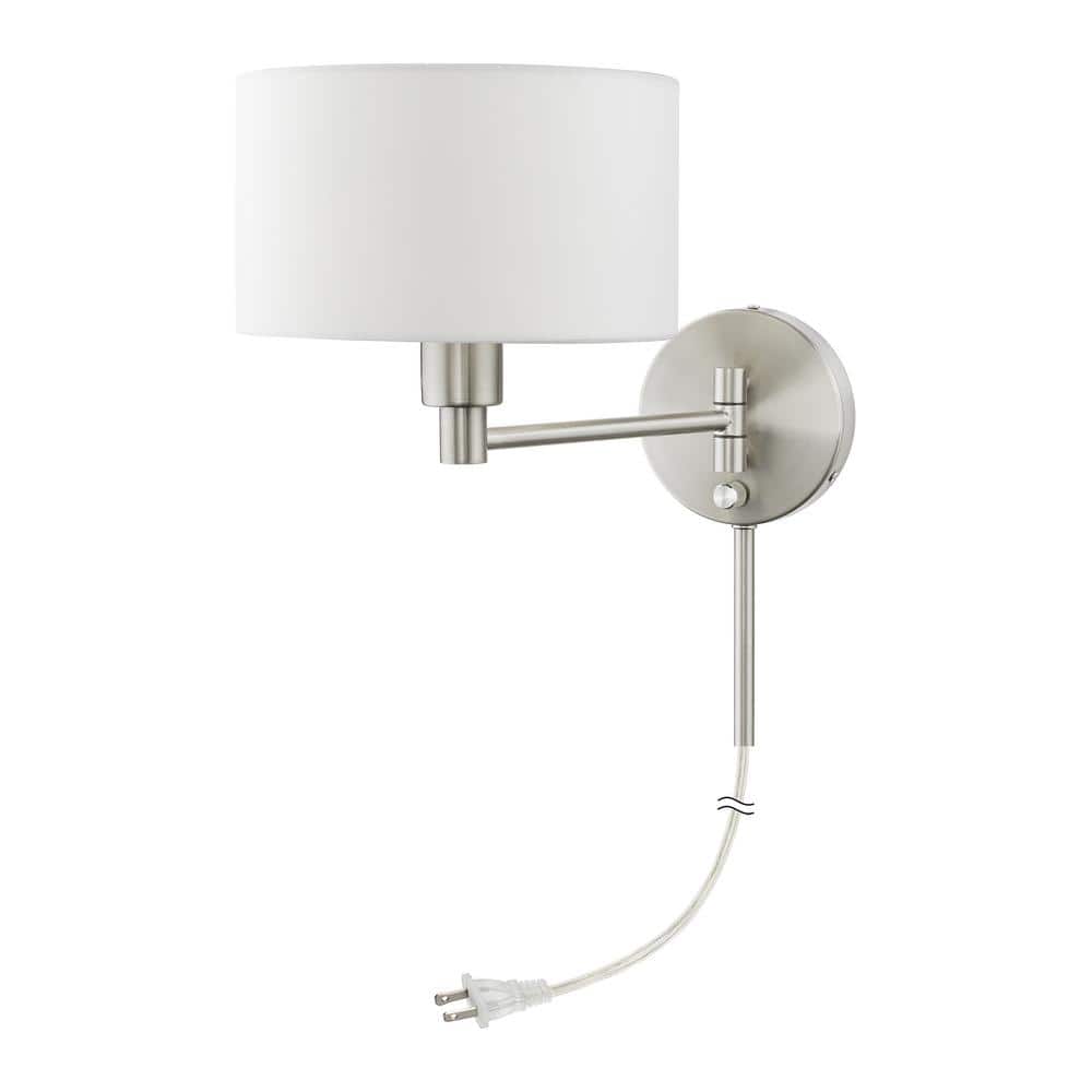 Transitional Brushed Nickel Swing Arm Wall Lamp with Off-White Shade